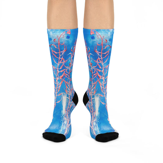 Midnight Botanica Crew Socks – A Deep Blue Oasis with Crimson Blooms